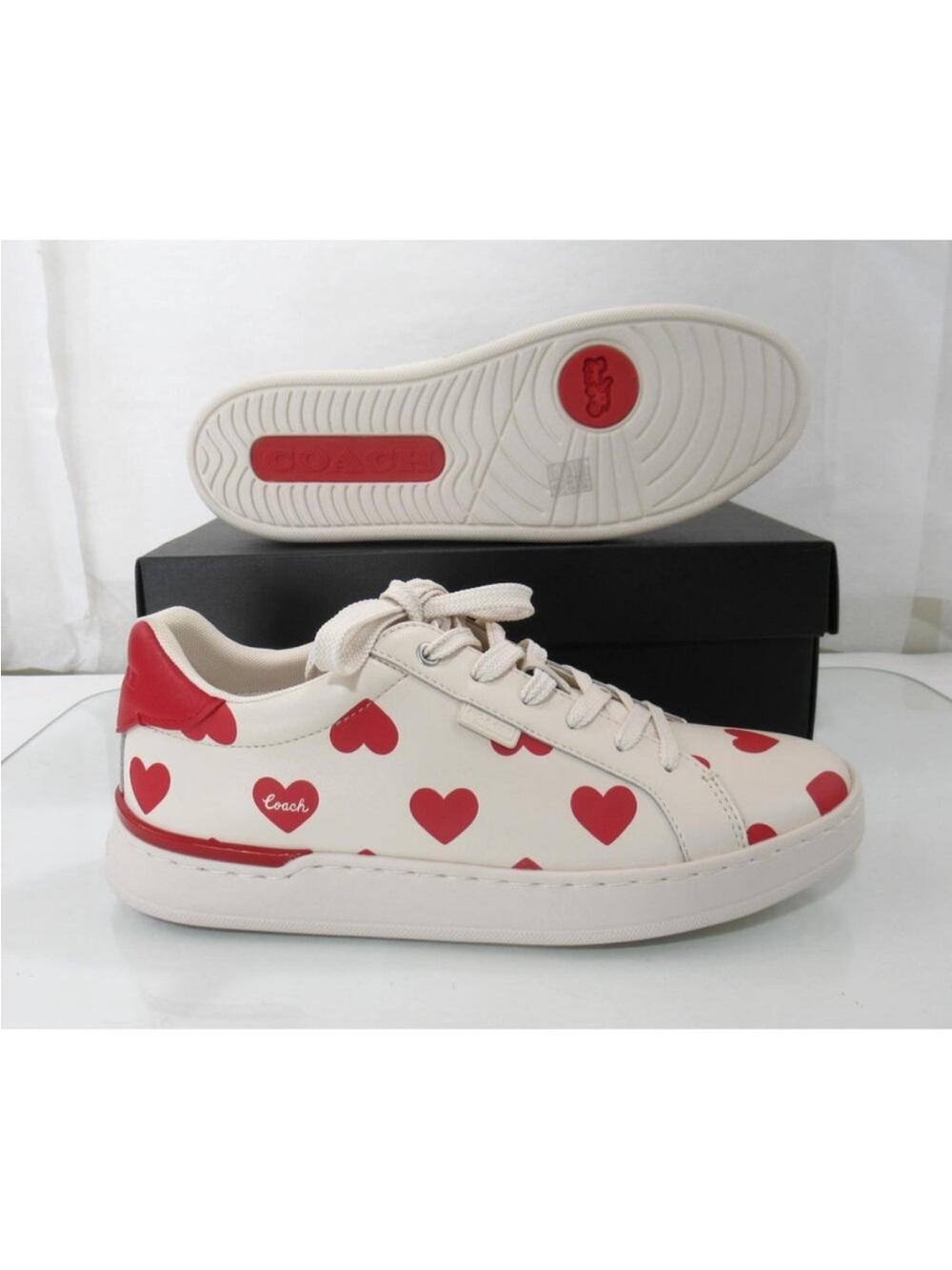 Coach Cream Leather Low-Top Sneakers with Red Heart Motif